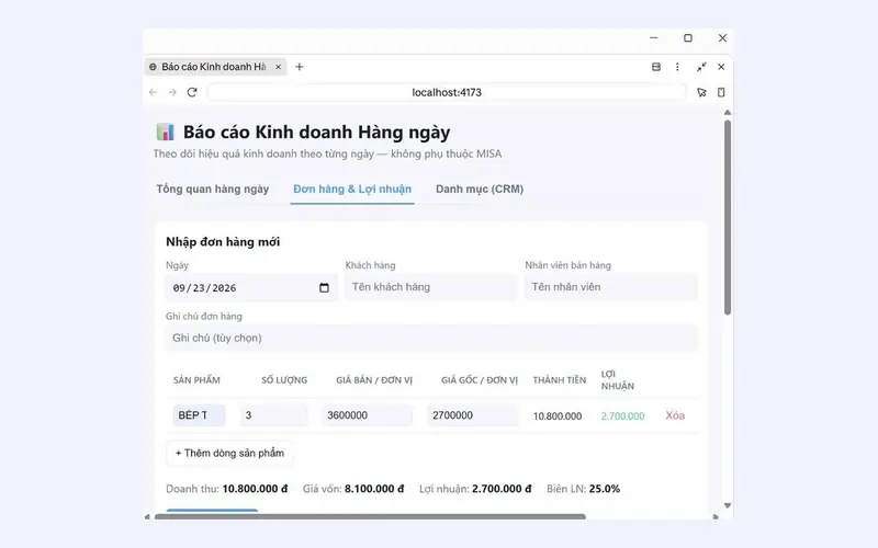 Phần mềm báo cáo kinh doanh hằng ngày do học viên tự làm